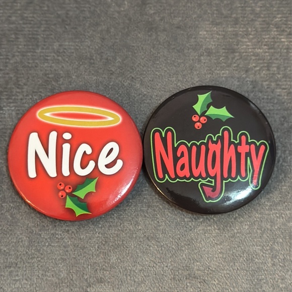 Naughty and Nice Buttons Set of 2 Christmas Holiday Pin backs Mistletoe Halo - Picture 2 of 5